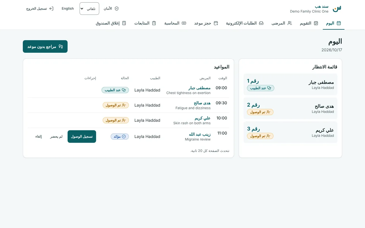 شاشة اليوم للاستقبال: غرفة انتظار بأرقام المرضى ومواعيد اليوم مع حالتها